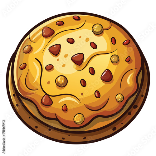 Cartoon cookie displays golden dough and chocolate chips with bold outlining over a white backdrop