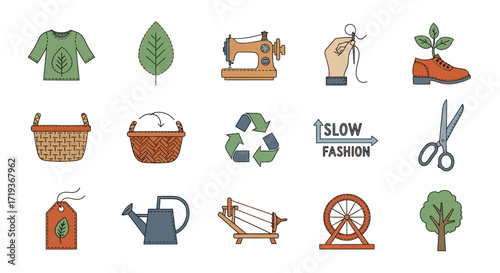 Sustainable Fashion and Eco-Friendly Crafting Icons Set.