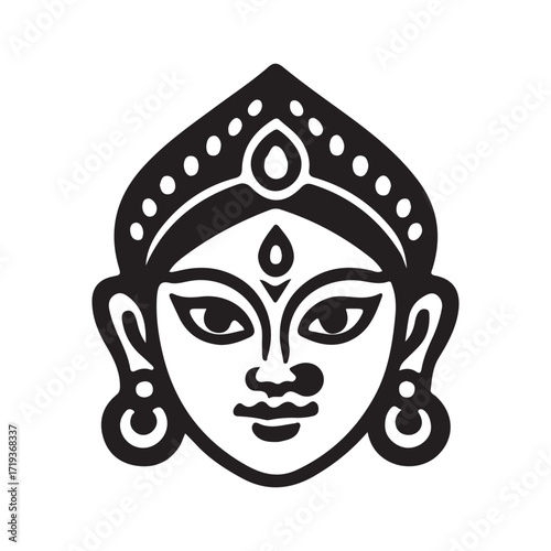 Durga maa face vector illustration with fierce cartoon eyes, perfect for a modern tattoo design or logo
