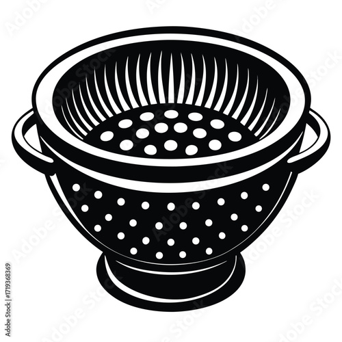 A solid black colander with holes is featured in this artwork