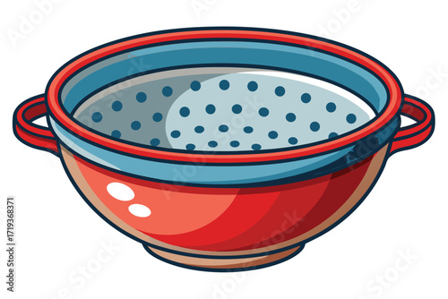 Red and blue colander sits still with holes clearly visible in an isolated background