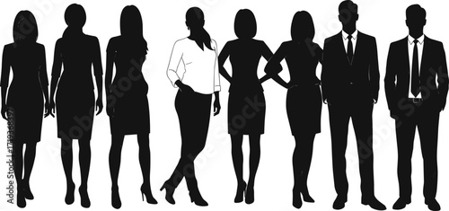 Business silhouettes group, professional team, corporate people, office workers, diversity, teamwork, leadership, colleagues, business attire, standing pose, workplace illustration