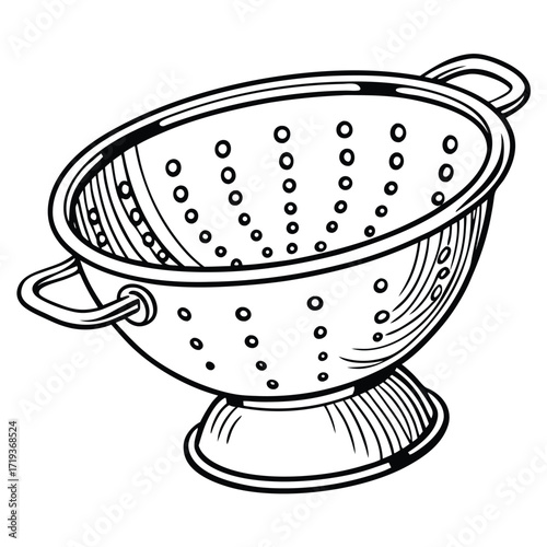 Black and white hand drawn colander complete with handles and patterned holes stands upright