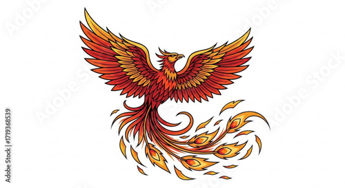 Illustration of a vibrant phoenix with fiery plumage, wings spread wide, symbolizing rebirth and transformation