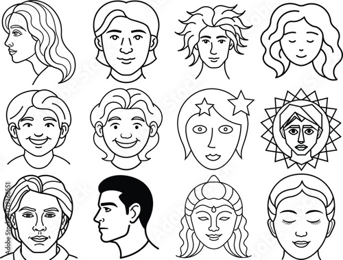 Collection of diverse human faces in a stylized line art silhouette illustration