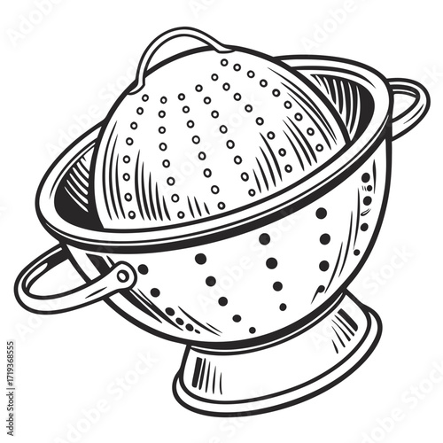 Detailed line shows a metal colander and strainer nested inside each other nicely