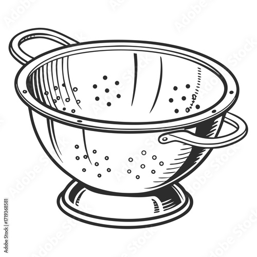 Vintage style drawing shows a colander with perforated holes, ready for kitchen use
