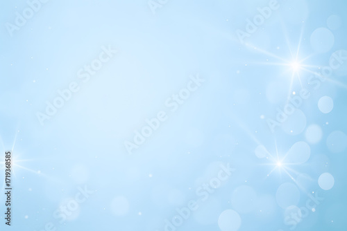 Light blue background with glowing stars and bokeh effect, horizontal photo