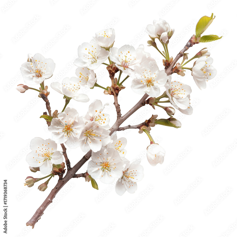 Obraz premium Delicate White Cherry Blossoms on a Dark Branch white flower isolated on a transparent background