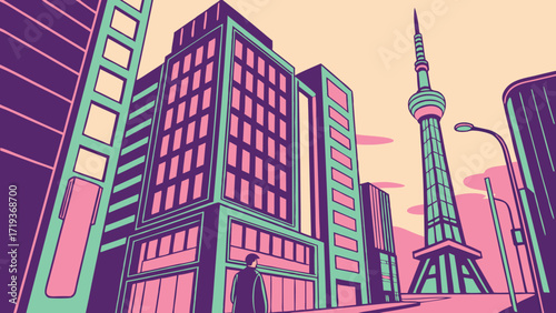Modern metropolis with towering skyscrapers and iconic spire, evoking urban energy and architectural inspiration. Ideal for travel and city themes