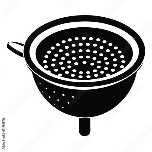 Black metallic colander features drainage holes and a curved handle on a white backdrop