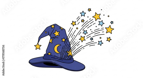 Enchanting wizard hat, , adorned with stars and moon, casting spells of wonder and magic a symbol of mystical power