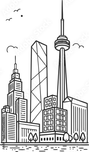 Dynamic Toronto skyline sketch evokes urban adventures and travel dreams. Iconic architecture, perfect for city guides and modern designs. Vector graphic.
