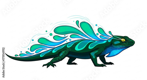 Illustration of a fantasy lizard with water splash on its back the lizard is dark green and has yellow eyes