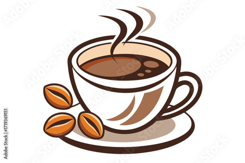 Steaming coffee in a white cup rests on a saucer with brown beans