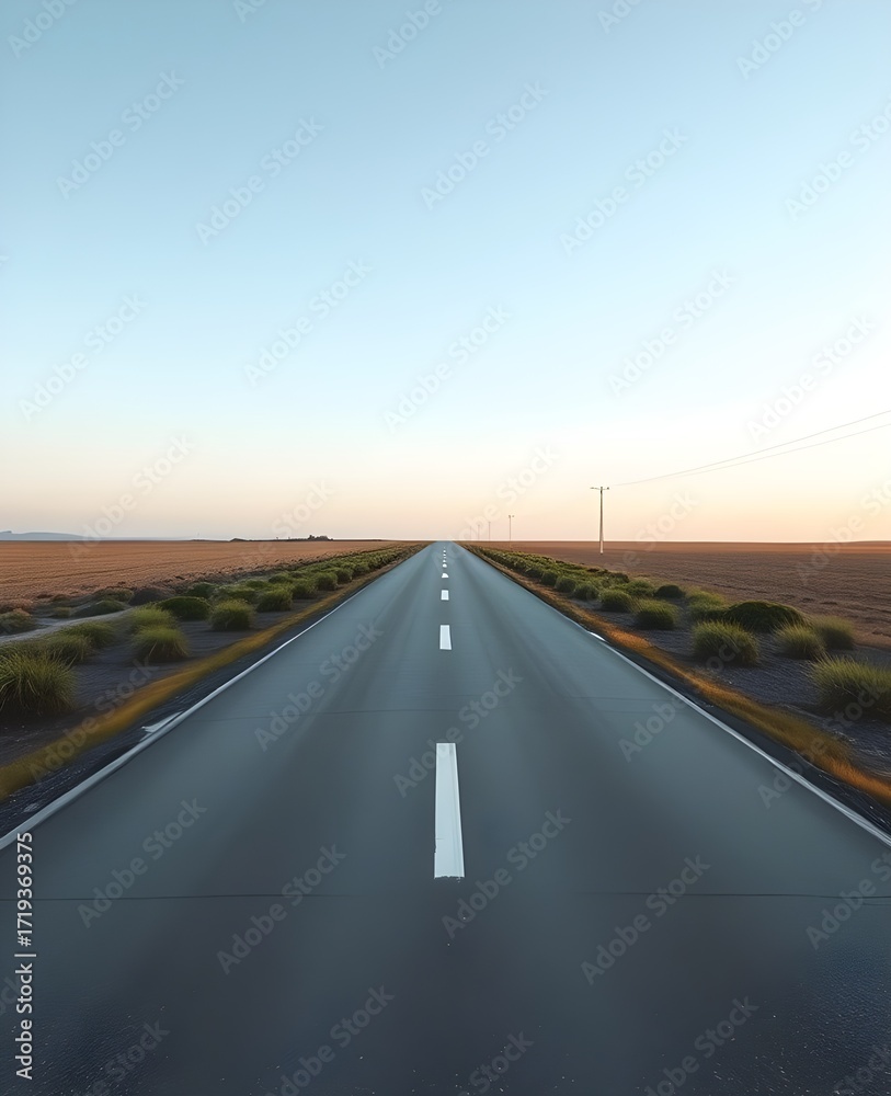 Fototapeta premium A tranquil scene showing an unobstructed road leading towards the distant horizon between golden fields