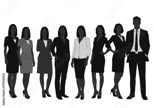Business silhouettes group, professional team, corporate people, office workers, diversity, teamwork, leadership, colleagues, business attire, standing pose, workplace illustration
