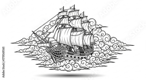 Hand drawn sketch of a ship sailing in the clouds detailed vector illustration of a tall ship in vintage style for tattoo design