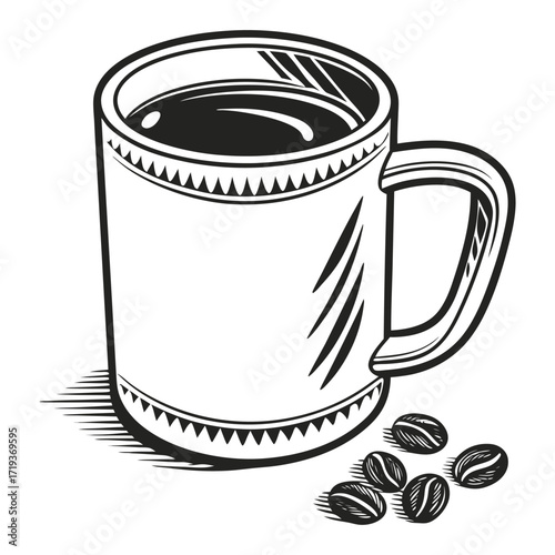 Detailed line art shows coffee mug beside roasted beans, evoking a cozy and rustic feel