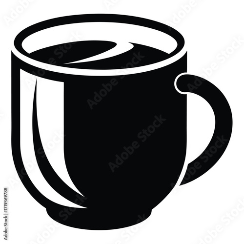 Black mug silhouette displays coffee with handle in a simple iconic isolated depiction