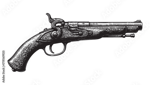 vintage gun with ornament engraving vector style