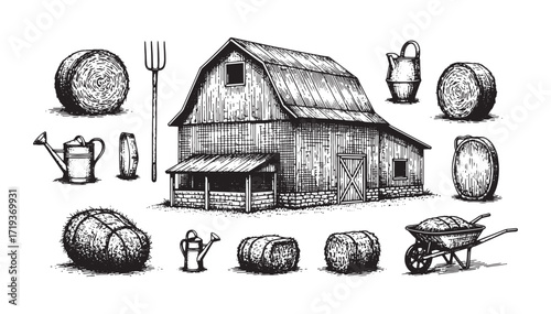 Barn and Farm Elements Engraving Set Vintage Sketch of Hay Bales, Watering Can, Fork, and Wheelbarrow

