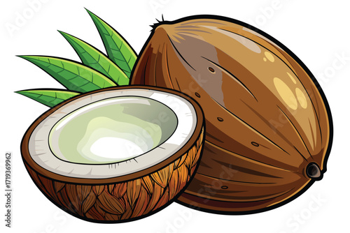An opened coconut with some green leaves are visible, alongside one whole brown coconut