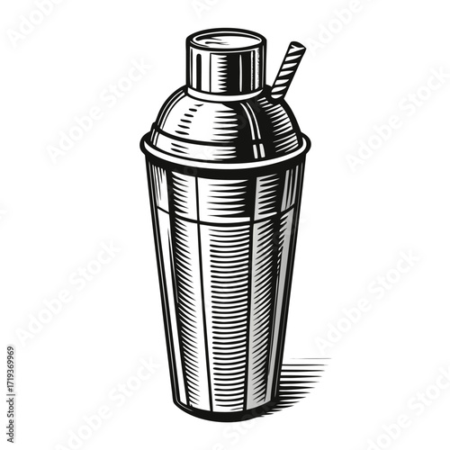 Detailed monochrome illustration of a metal cocktail shaker with a retro, vintage style