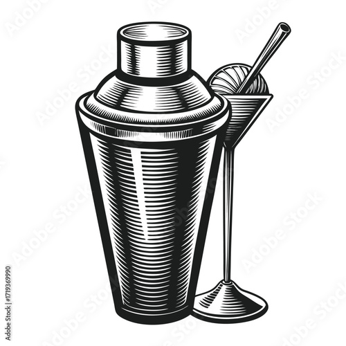 Black and white cocktail shaker stands next to a stemmed glass having straw