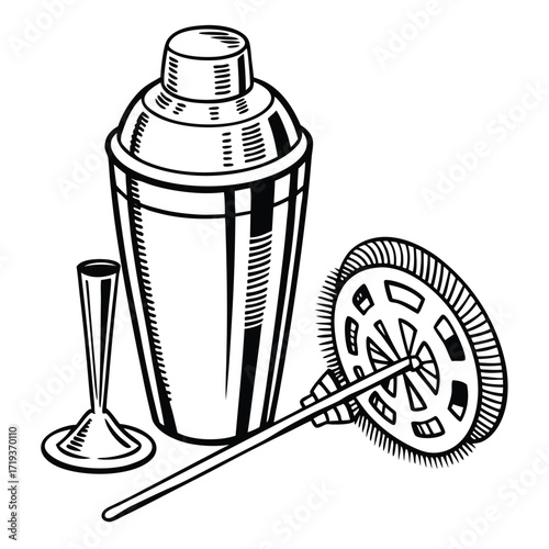 Black outlined cocktail shaker, julep strainer and a cocktail glass rest beside each other