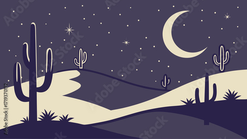 Serene desert night illustration with crescent moon and cacti, originally a scalable vector graphic, evokes tranquility and adventure in the Southwest