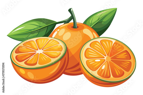 Two sliced oranges are displayed beside the whole fresh fruit with green leaves