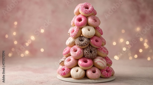 Creative Christmas tree made of stacked donuts with icing and sprinkles
