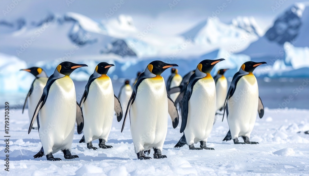 Fototapeta premium Majestic Penguin Colony in Antarctica A Group of King Penguins on Snow and Ice