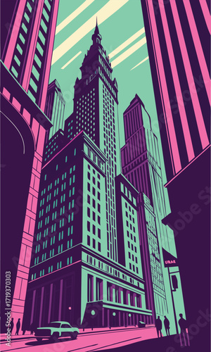 Downtown skyscraper view with vibrant colors, capturing the energy of urban architecture and modern city life, perfect for travel and design projects