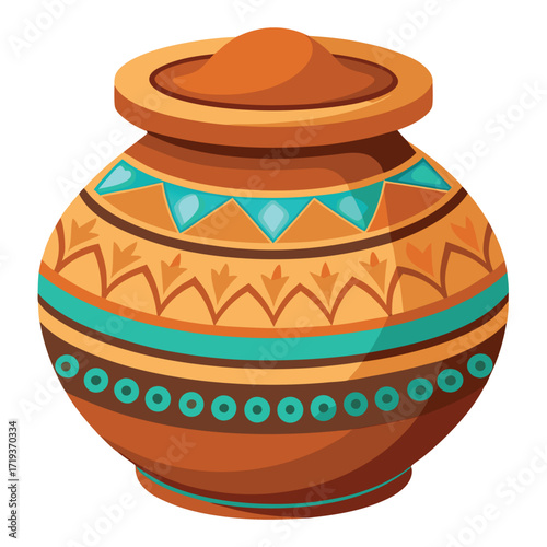 Ornate terracotta pot displays decorative patterns with circular motifs and turquoise triangles over a white background