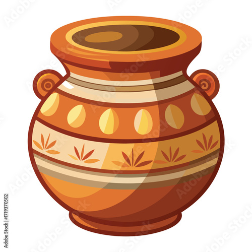 Cartoon earthenware pot showcases ancient brown colorings and swirling handles against a clear background