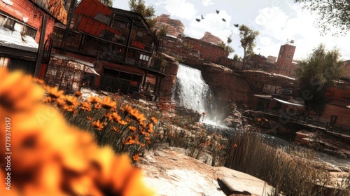 Scenic view of a waterfall and rustic buildings surrounded by flowers. Concept of nature and tranquility.