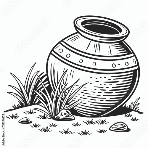 Stylized earthen pot sits among simple grass and stones in a monochrome scene