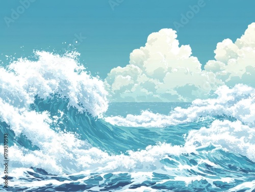 Vibrant ocean waves with clouds in a clear blue sky. Concept of nature and tranquility.