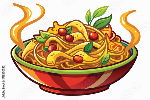 Tasty noodle bowl filled with steaming spirals, vibrant vegetables, and fresh green leaves