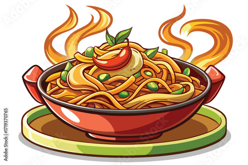 Steaming bowl of tasty noodles garnished with chili and green peas are served beautifully