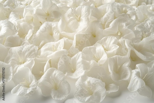 Close up of white flower petals scattered on a surface. Concept of beauty and nature.