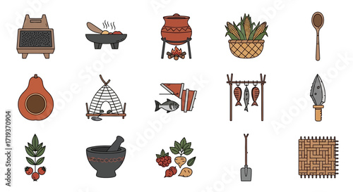 Vector Icon Set of Ancient Indigenous Life and Survival Tools.