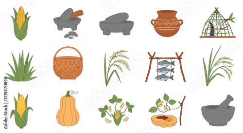 Vector Icon Set of Ancient Food and Primitive Tools.