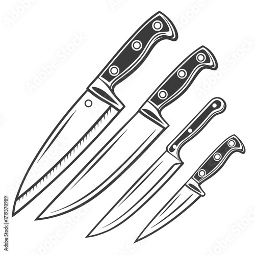 A set of four knives illustrated with dark handles and sharp blades