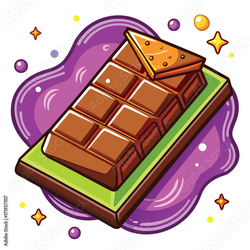 Cartoon chocolate bar sits on green base surrounded by purple splash and star shapes
