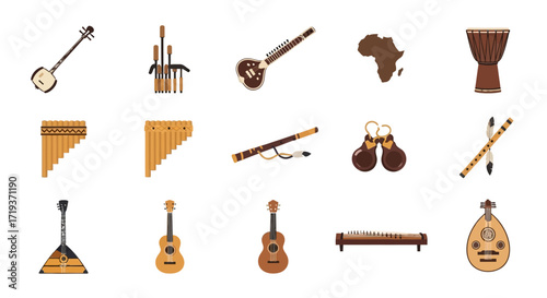 Vector Set of Traditional Ethnic Musical Instruments from Different Cultures.