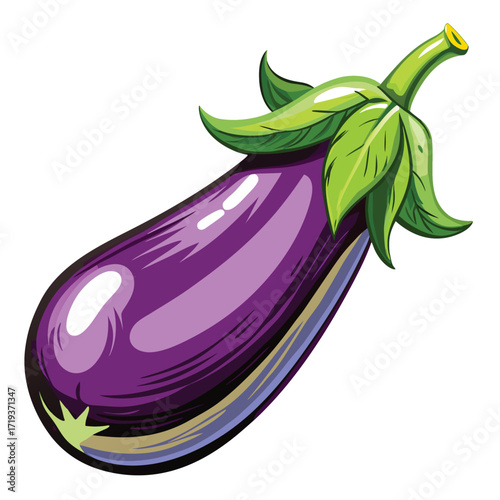 Fresh eggplant vegetable displays shiny purple skin with attached green leaves and stem above