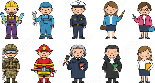 Cartoon illustrations of various professions, including doctor, engineer, police officer, teacher, firefighter, lawyer, judge, and soldier, for educational use.